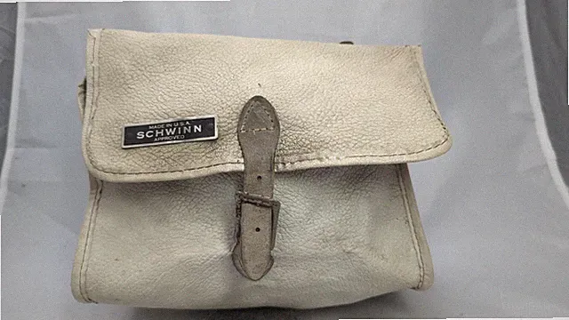 1962 Schwinn Approved White Leatherette Seat Bike Bag All Leather Tie Downs
